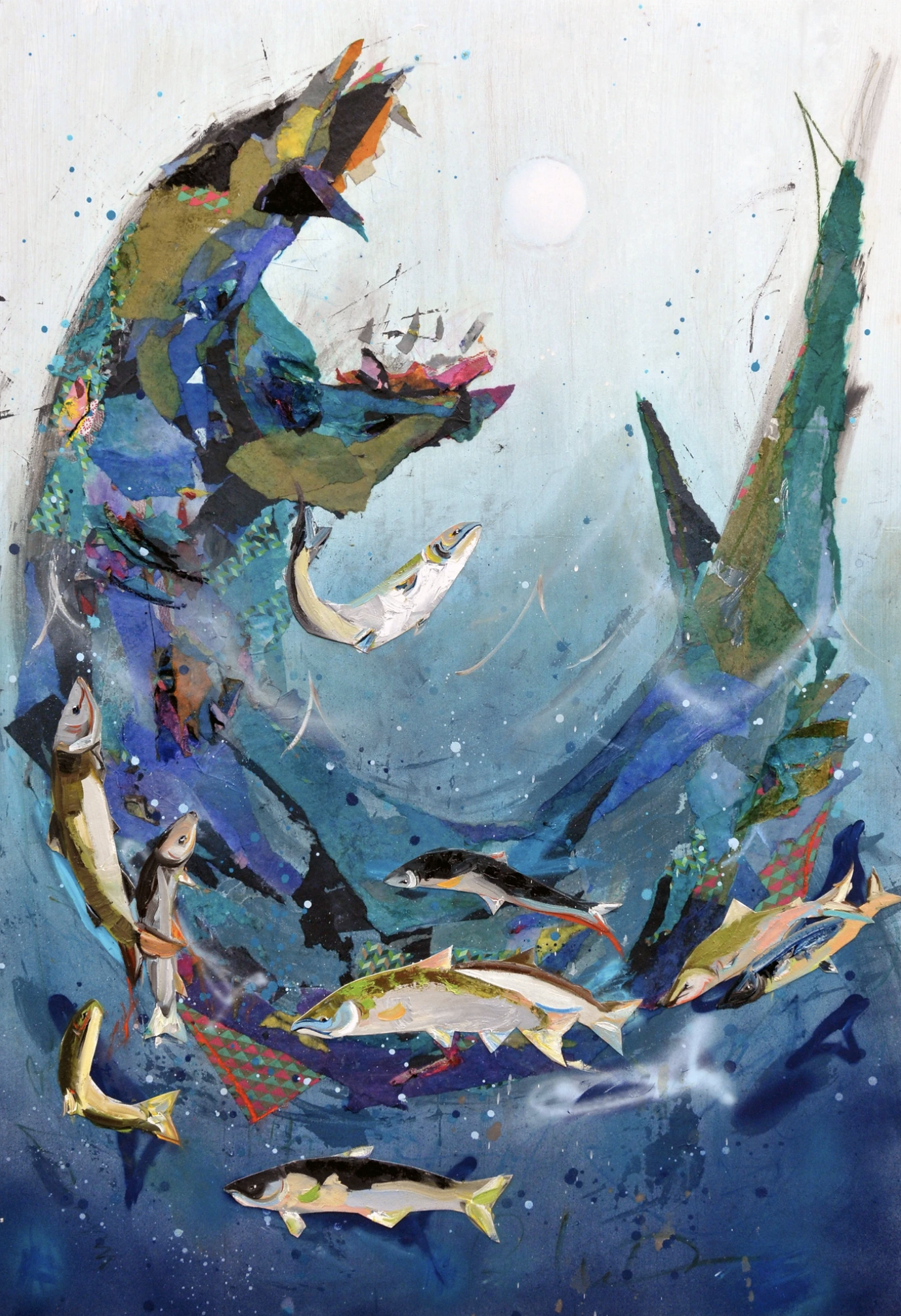 Jurgumandr 2015 (46"x66") Mixed media collage and oil on panel board. Inspiration: Norse. Tale of the Sea Serpent who can Undo the World.