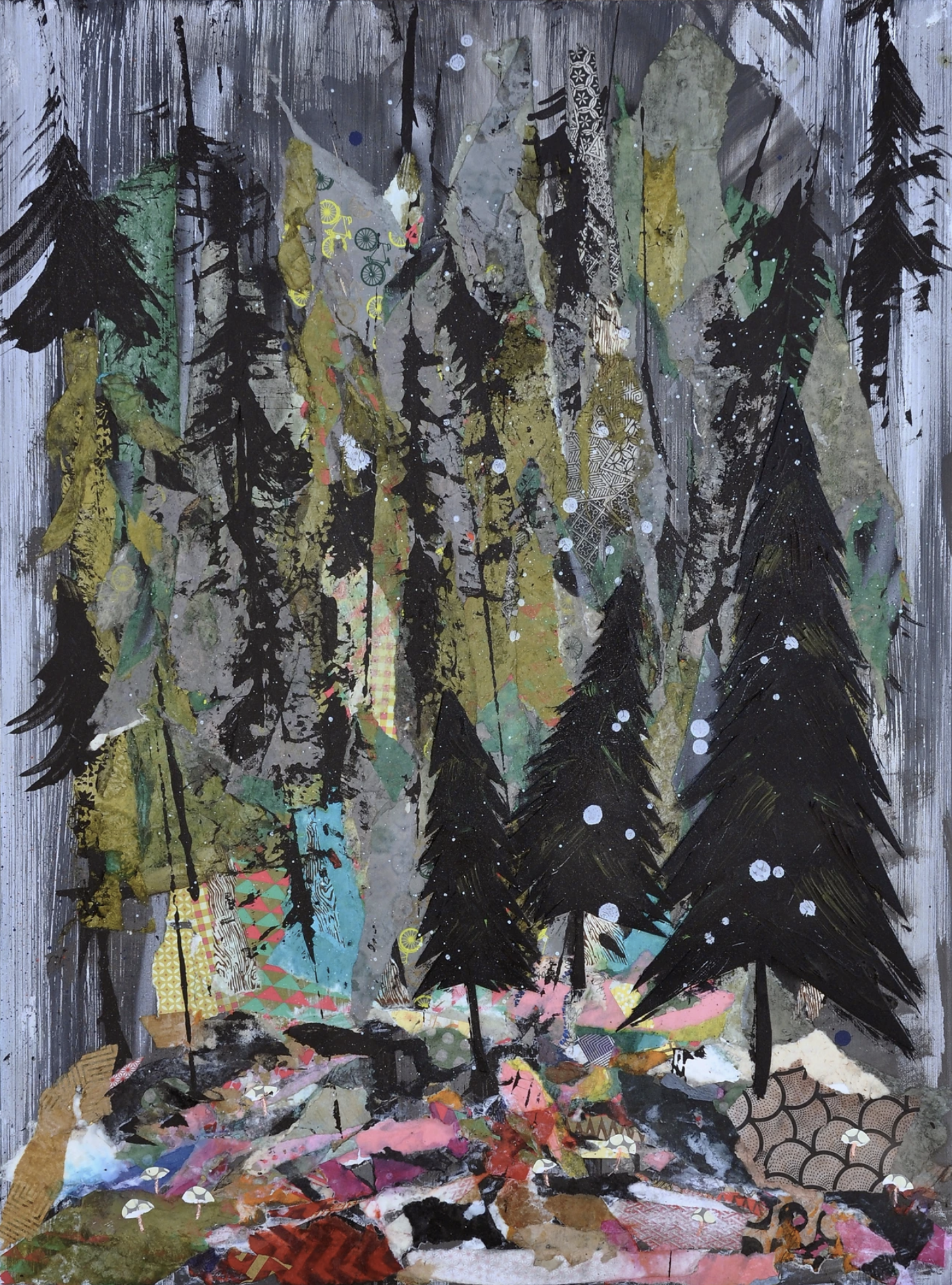 We Can Build a Tree House in the Pine Forest 2015 (36"x48") Mixed media collage and oil on panel board.