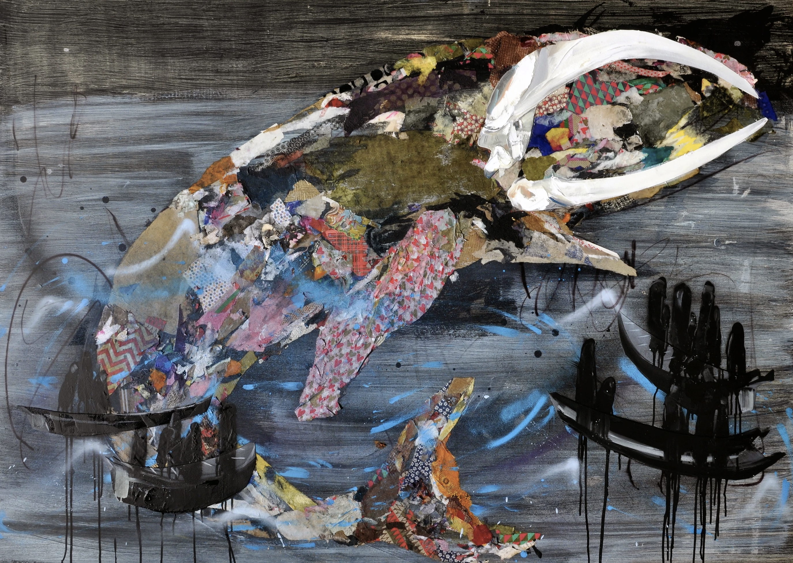 Bakekujira 2016 (44"x66") Mixed media collage and oil on panel board.
