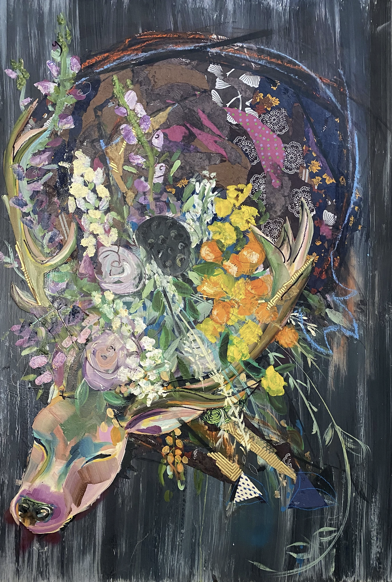 Fae Flowers 2021 (30"x44") Mixed media collage and oil on panel board.