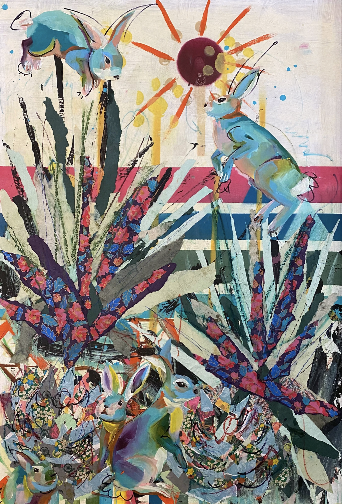 Agave 2021 (30"x44") Mixed media collage and oil on panel board.