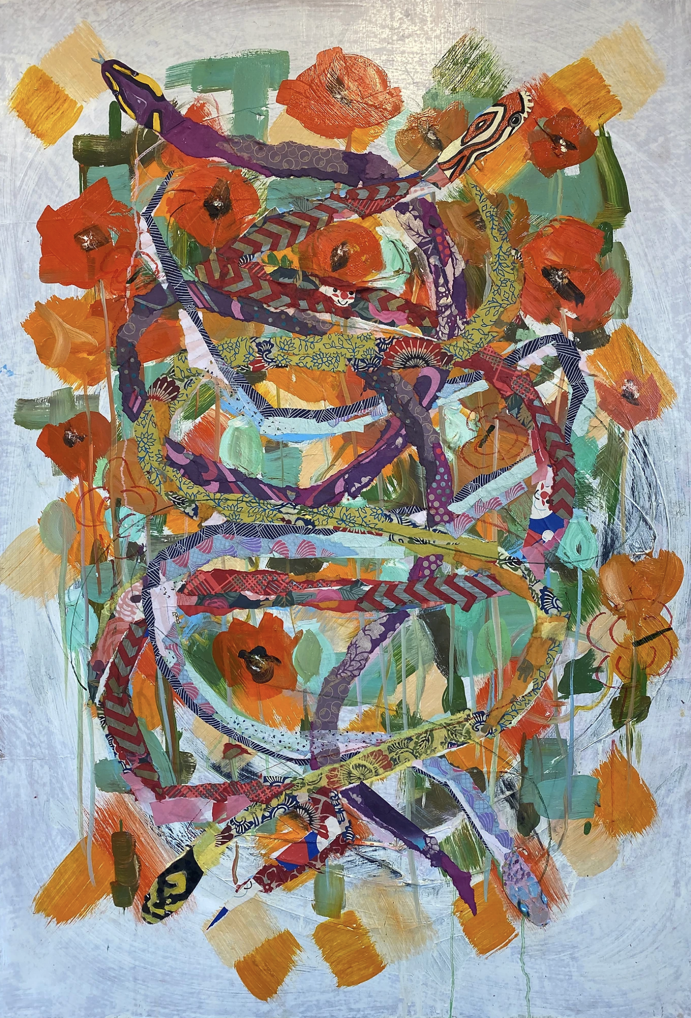Poppy 2021 (30"x44") Mixed media collage and oil on panel board.