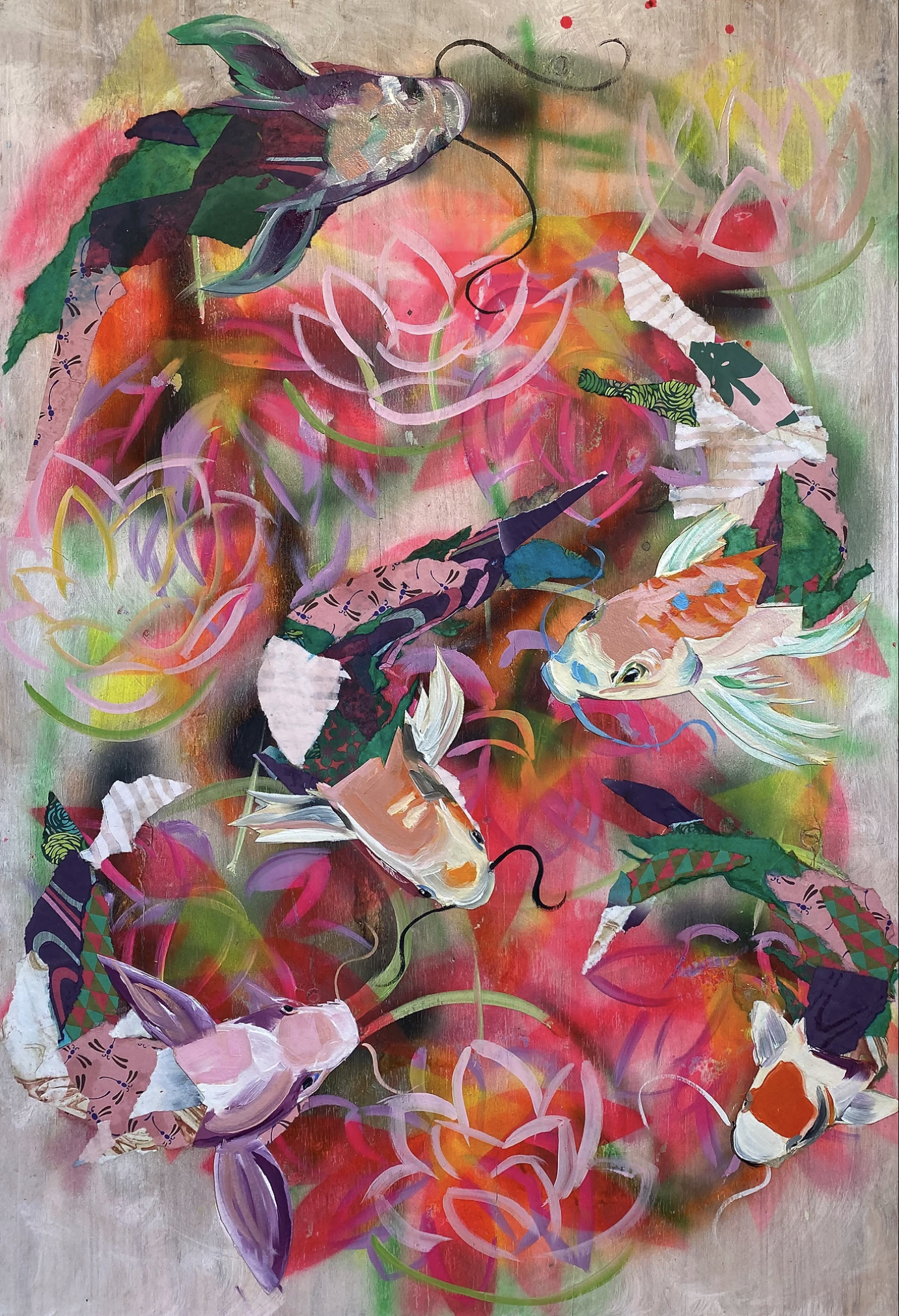 Lotus 2021 (30"x44") Mixed media collage and oil on panel board.