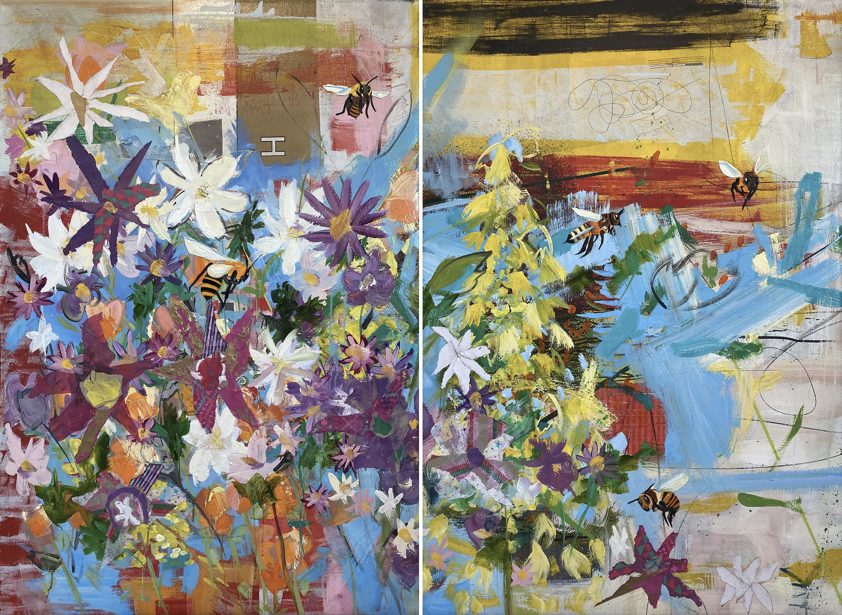 Daisy 2021 (60"x40" Diptych) Mixed media collage and oil on panel board.