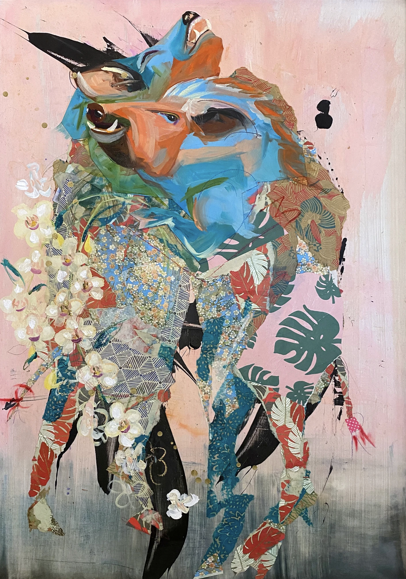 Orchid 2021 (30"x44") Mixed media collage and oil on panel board.