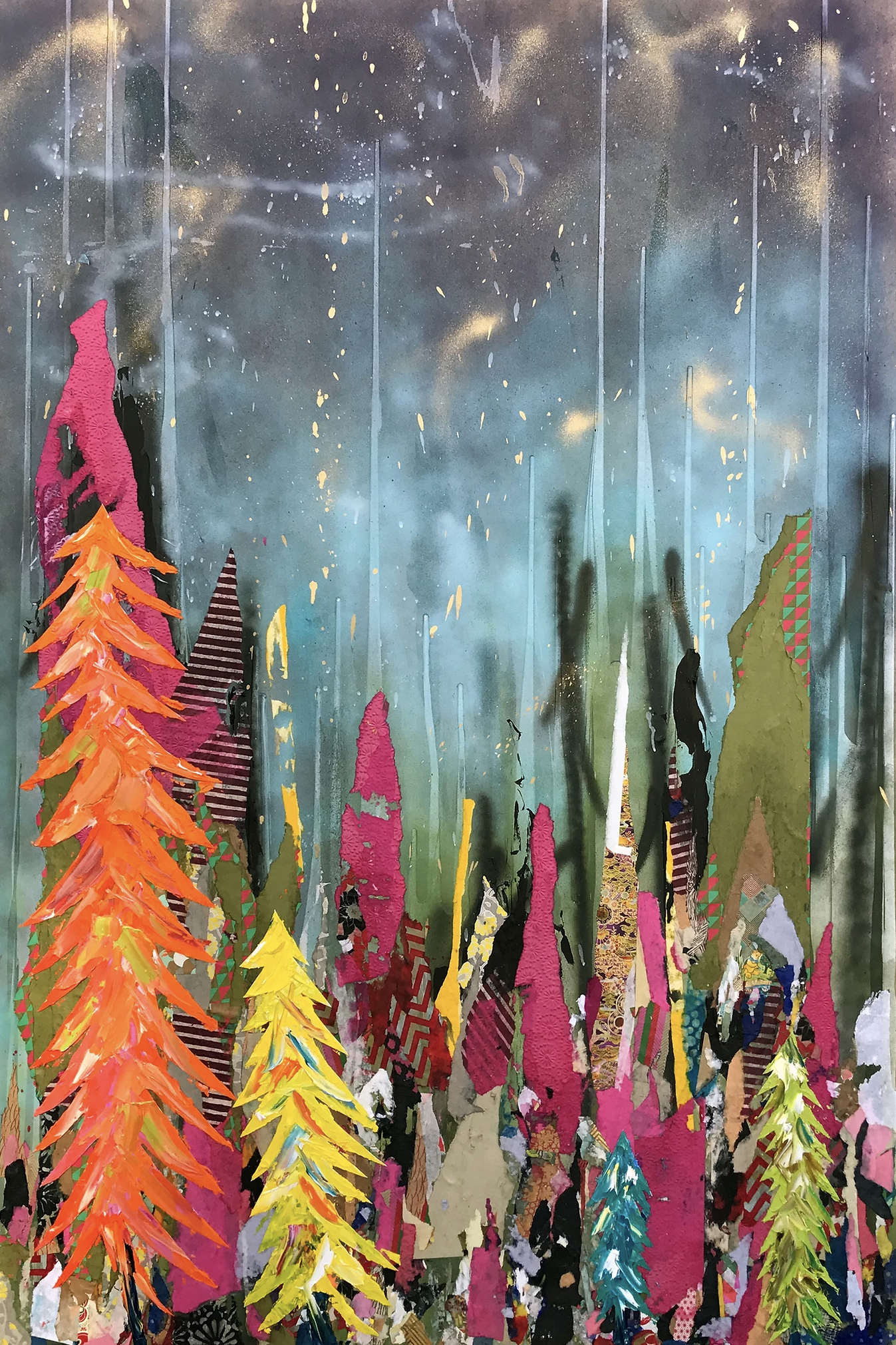 Aurora Borealis amongst the Candy Trees - Part 2 2017 (44"x66") Mixed media collage and oil on panel board.