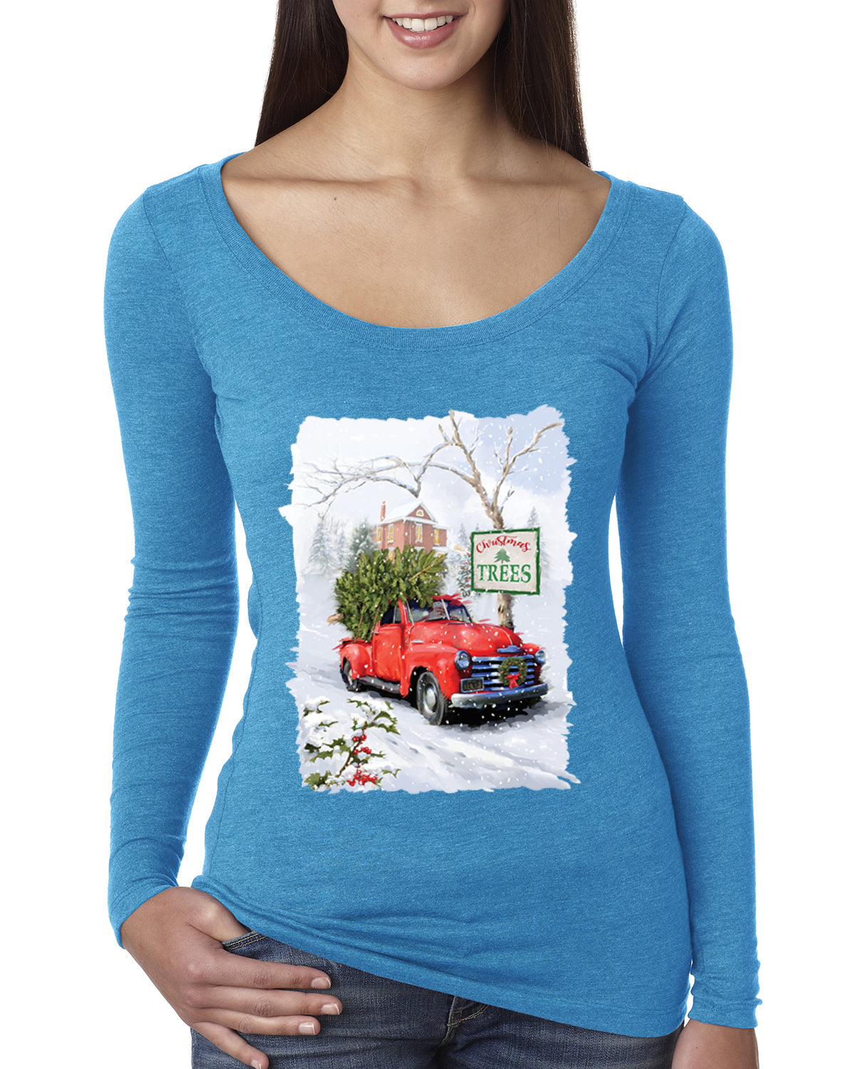 Winter Christmas Trees  Festive Red Truck  Christmas Womens Scoop Long Sleeve Top