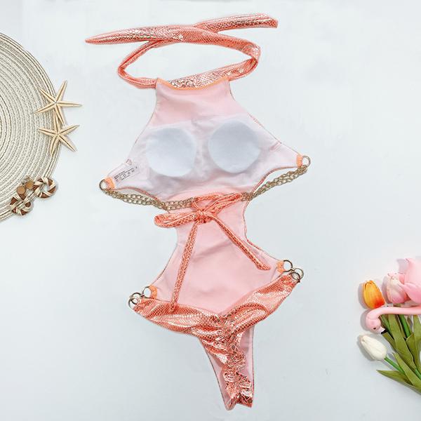Freeinshop Solid Color Strappy Conjoined Reflective Bikini