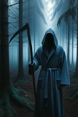 Person wearing a Grim Reaper robe holding a scythe, symbolizing death