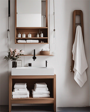 Luxurious Bathroom with Open Shelving and SEYANTE Robes