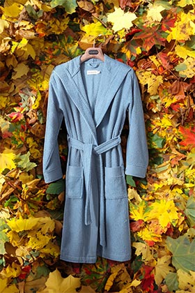 Luxury SEYANTE bathrobe on the backdrop of fall foliage