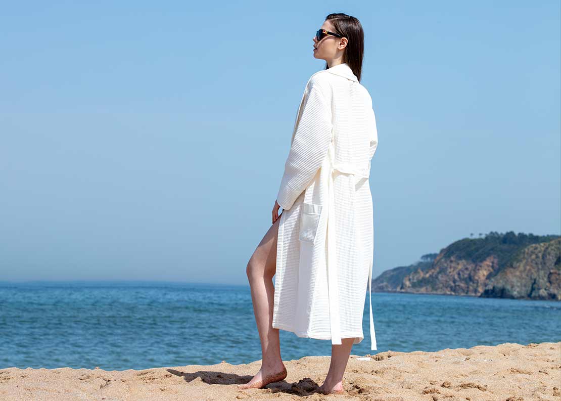 Seyante luxury bathrobe collection featuring white Turkish cotton waffle bathrobe for women with shawl collar, perfect for a cozy and elegant gift on Mother's Day