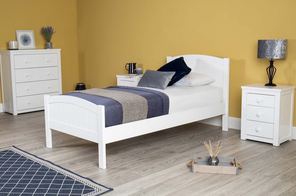 white single bed frame with drawers