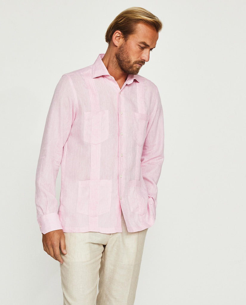 Guayabera lino manga larga cuatro bolsillos rosa by MIRTO – 05995-0051 |  MIRTO