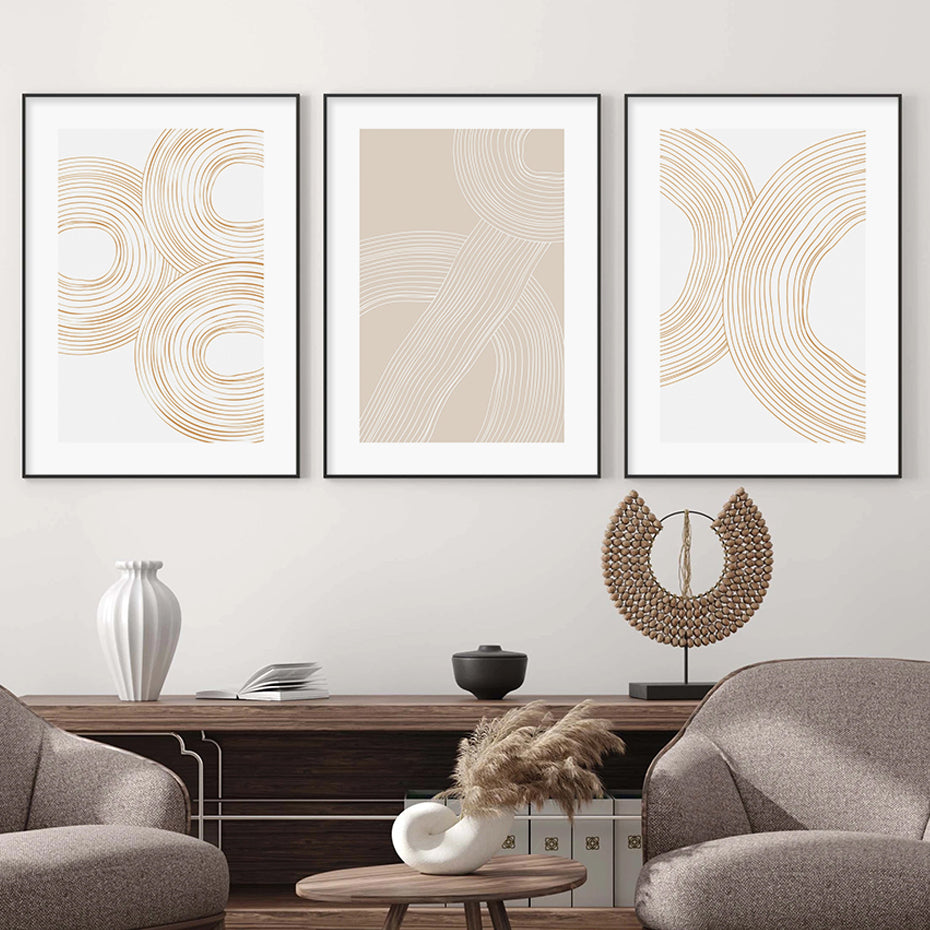 Modern Beige White Minimalist Geometric Linework Wall Art Fine Art Canvas Prints Elegant Pictures For Living Room Home Office Decor