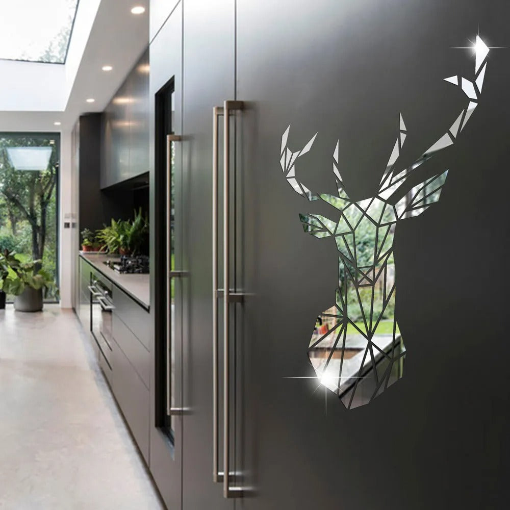 3D Geometric Nordic Deer Head Polished Acrylic Mirror Wall Sticker Decal Removable Creative DIY Wall Mural For Kitchen Living Room Entrance Hall Home Office Wall Decor