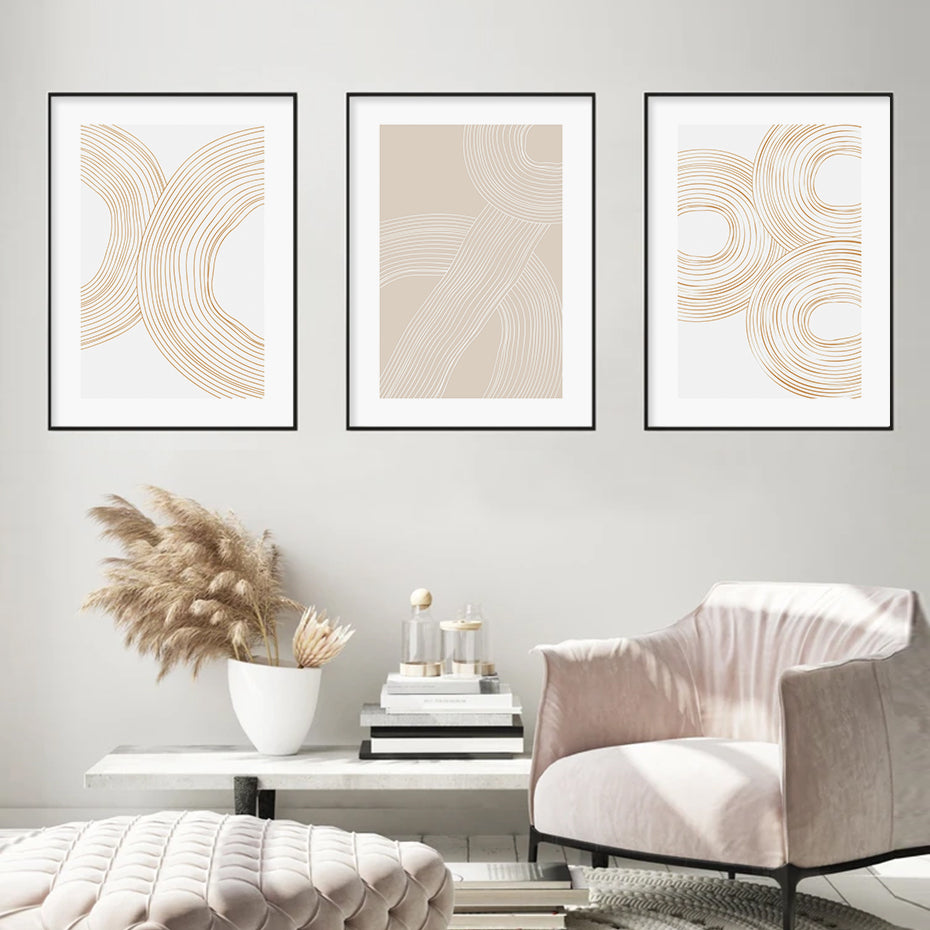 Modern Beige White Minimalist Geometric Linework Wall Art Fine Art Canvas Prints Elegant Pictures For Living Room Home Office Decor