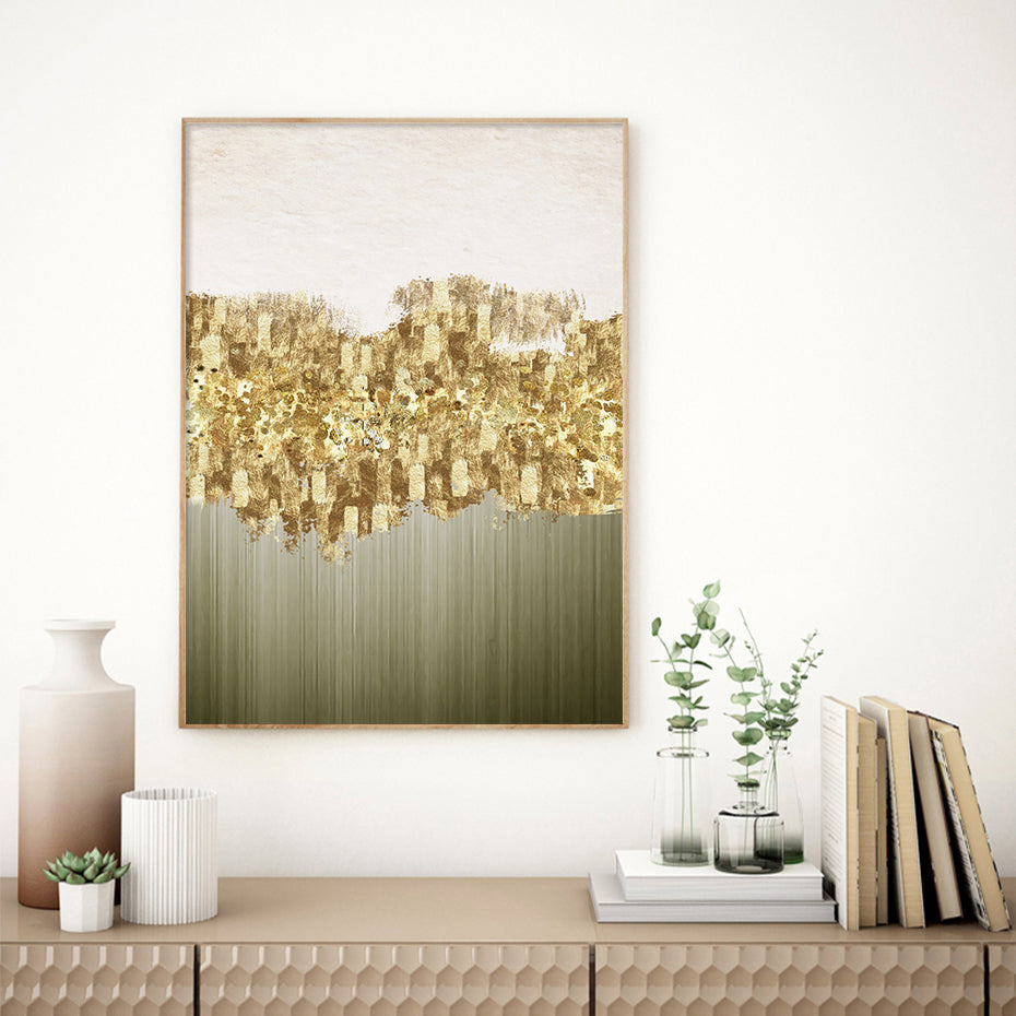 Modern Abstract Green Golden Rain Wall Art Fine Art Canvas Prints Chic Pictures For Luxury Apartment Living Room Salon Art Decor