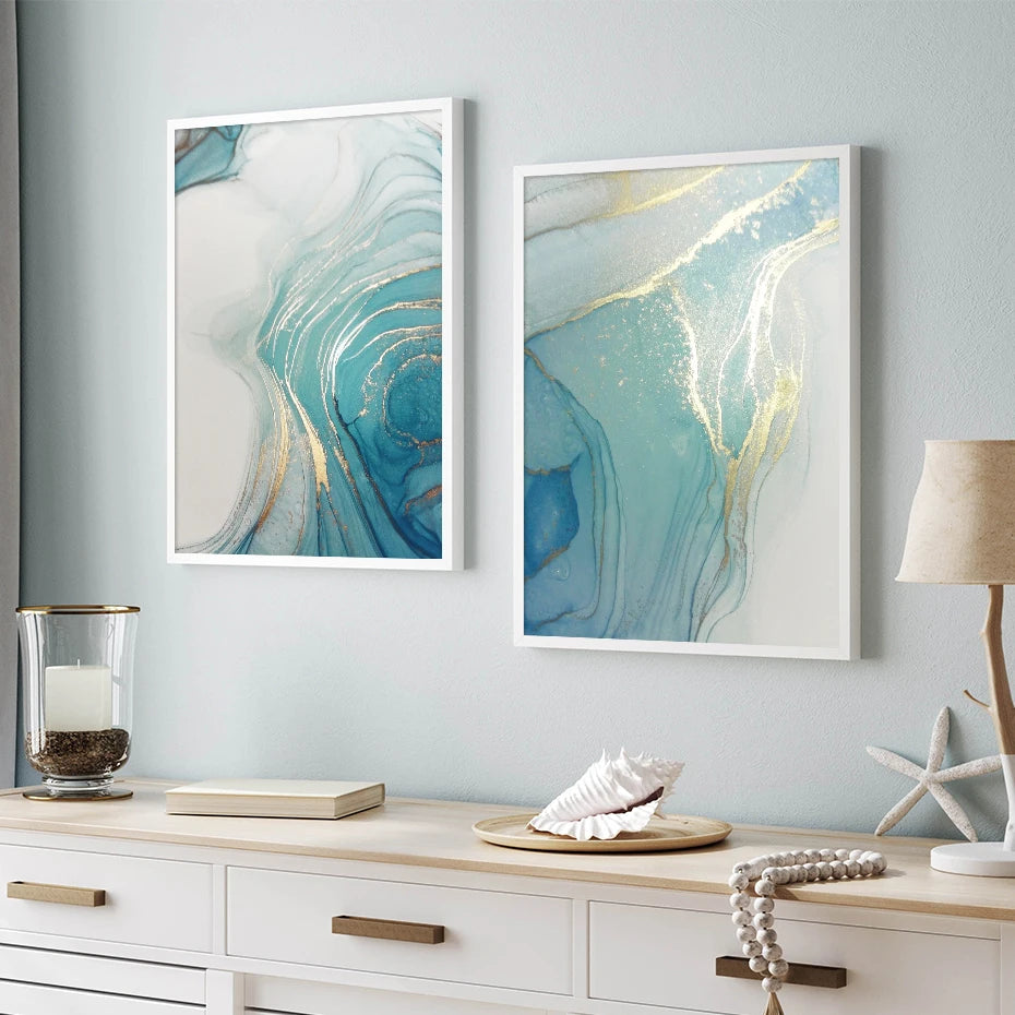 Blue Green Turquoise Liquid Marble Wall Art Fine Art Canvas Prints Modern Abstract Pictures For Living Room Bedroom Boutique Hotel Room Art Decor