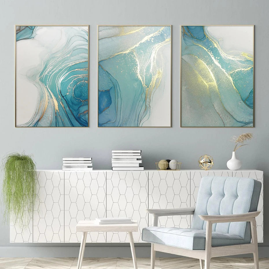 Blue Green Turquoise Liquid Marble Wall Art Fine Art Canvas Prints Modern Abstract Pictures For Living Room Bedroom Boutique Hotel Room Art Decor