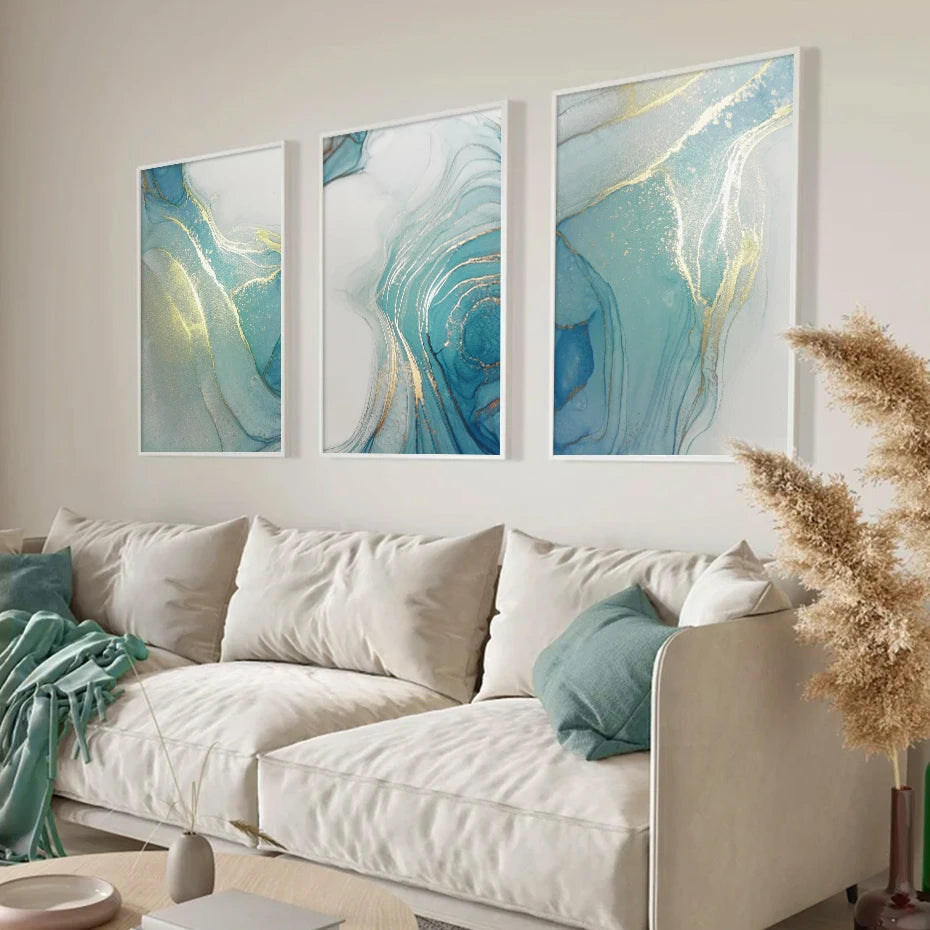 Blue Green Turquoise Liquid Marble Wall Art Fine Art Canvas Prints Modern Abstract Pictures For Living Room Bedroom Boutique Hotel Room Art Decor