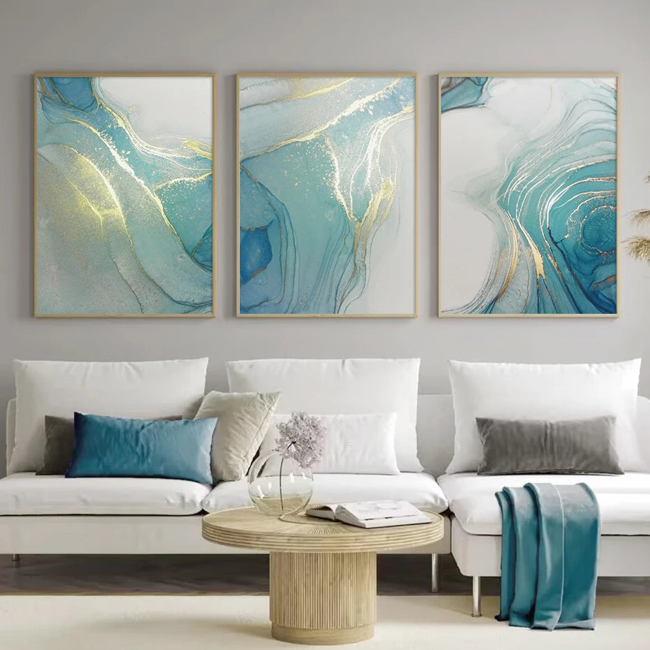 Blue Green Turquoise Liquid Marble Wall Art Fine Art Canvas Prints Modern Abstract Pictures For Living Room Bedroom Boutique Hotel Room Art Decor