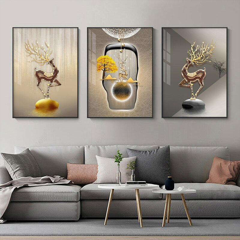 Abstract Auspicious Golden Stag Landscape Wall Art Fine Art Canvas Prints Fashion Pictures For Luxury Apartment Living Room Modern Home Office Decor