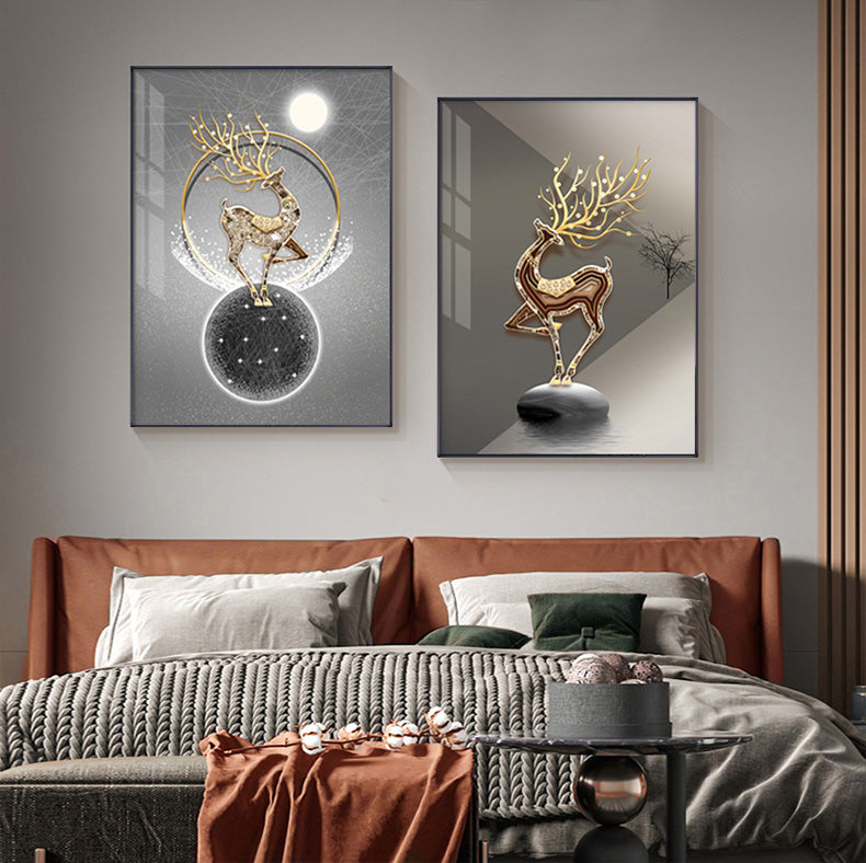 Abstract Auspicious Golden Stag Landscape Wall Art Fine Art Canvas Prints Fashion Pictures For Luxury Apartment Living Room Modern Home Office Decor