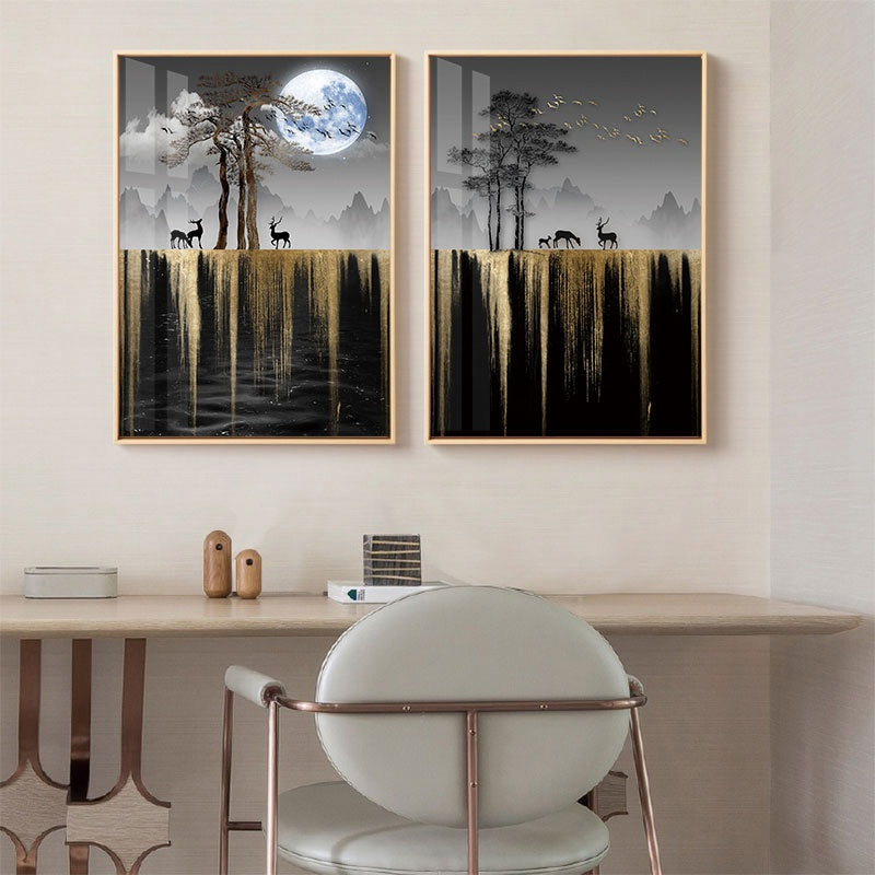 Abstract Auspicious Golden Tree Moon Landscape Wall Art Fine Art Canvas Prints Modern Pictures For Luxury Living Room Dining Room Art Decoration