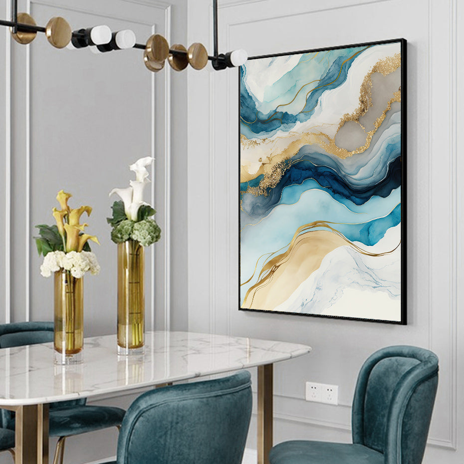 Abstract Blue Aqua Liquid Golden Marble Print Wall Art Fine Art Canvas Prints Pictures For Luxury Living Room Dining Room Home Office Decor