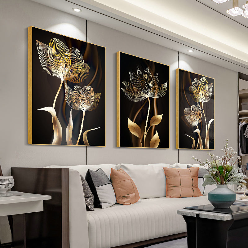 Abstract Exotic Black Golden Floral Wall Art Fine Art Canvas Prints Tropical Botanic Pictures For Luxury Apartment Living Room Dining Room Art Decor