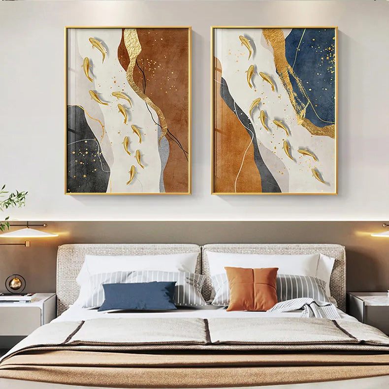 Abstract Gold Fish Auspicious Wall Art Fine Art Canvas Prints Dark Blue Orange Golden Pictures For Modern Home Office Hotel Room Art Decor