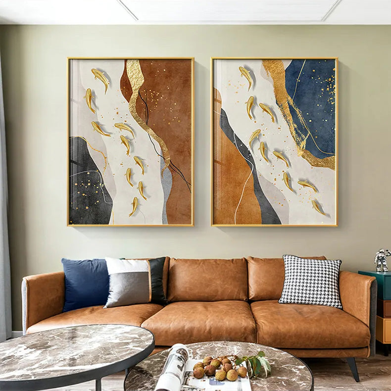 Abstract Gold Fish Auspicious Wall Art Fine Art Canvas Prints Dark Blue Orange Golden Pictures For Modern Home Office Hotel Room Art Decor