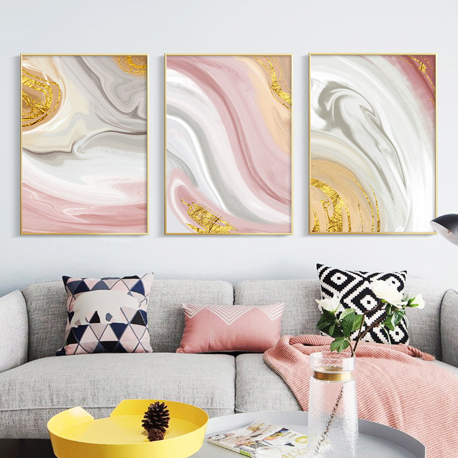 Abstract Gray Pink Golden Liquid Marble Print Wall Art Fine Art Canvas Prints Pictures For Bedroom Living Room Salon Wall Decor