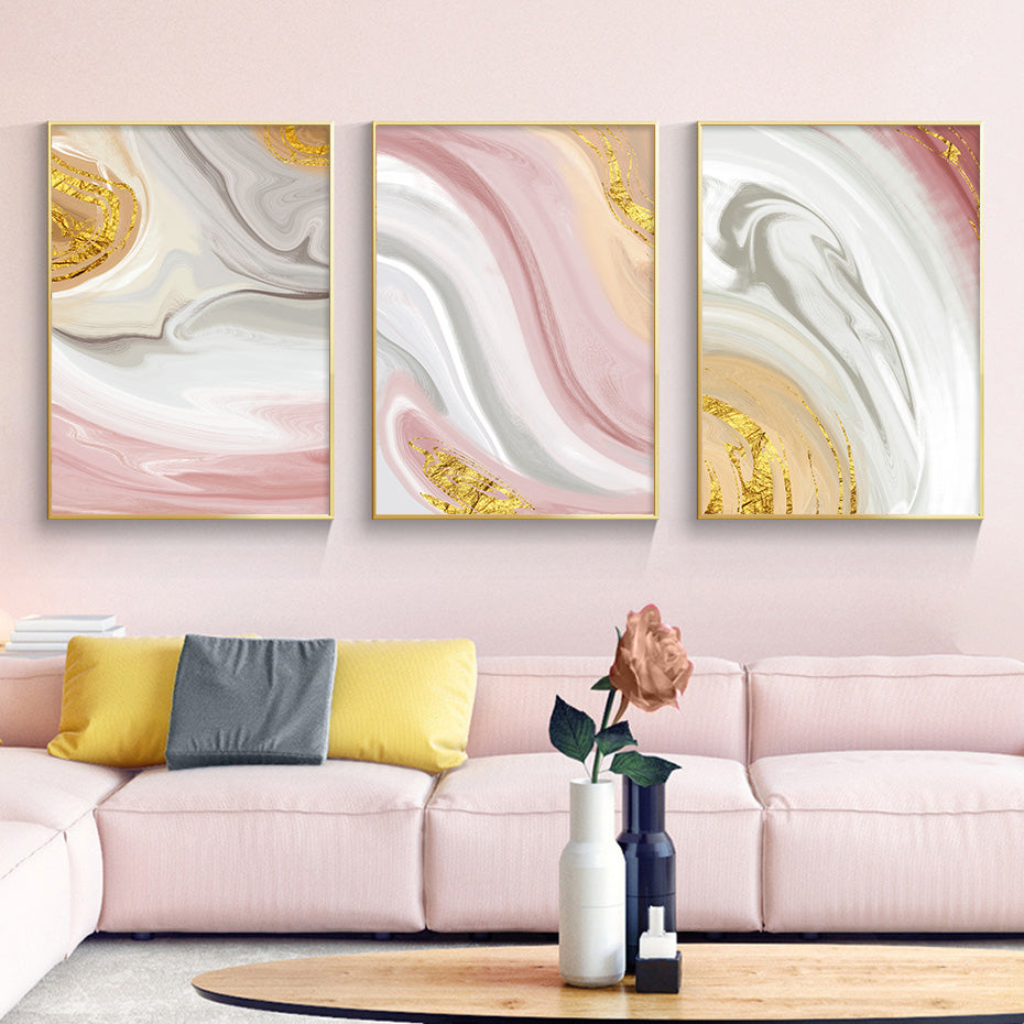 Abstract Gray Pink Golden Liquid Marble Print Wall Art Fine Art Canvas Prints Pictures For Bedroom Living Room Salon Wall Decor