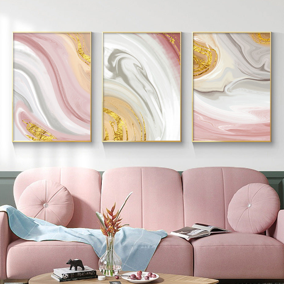 Abstract Gray Pink Golden Liquid Marble Print Wall Art Fine Art Canvas Prints Pictures For Bedroom Living Room Salon Wall Decor