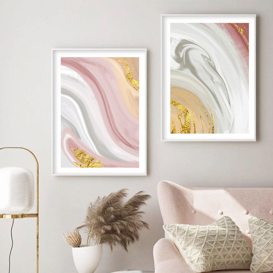 Abstract Gray Pink Golden Liquid Marble Print Wall Art Fine Art Canvas Prints Pictures For Bedroom Living Room Salon Wall Decor