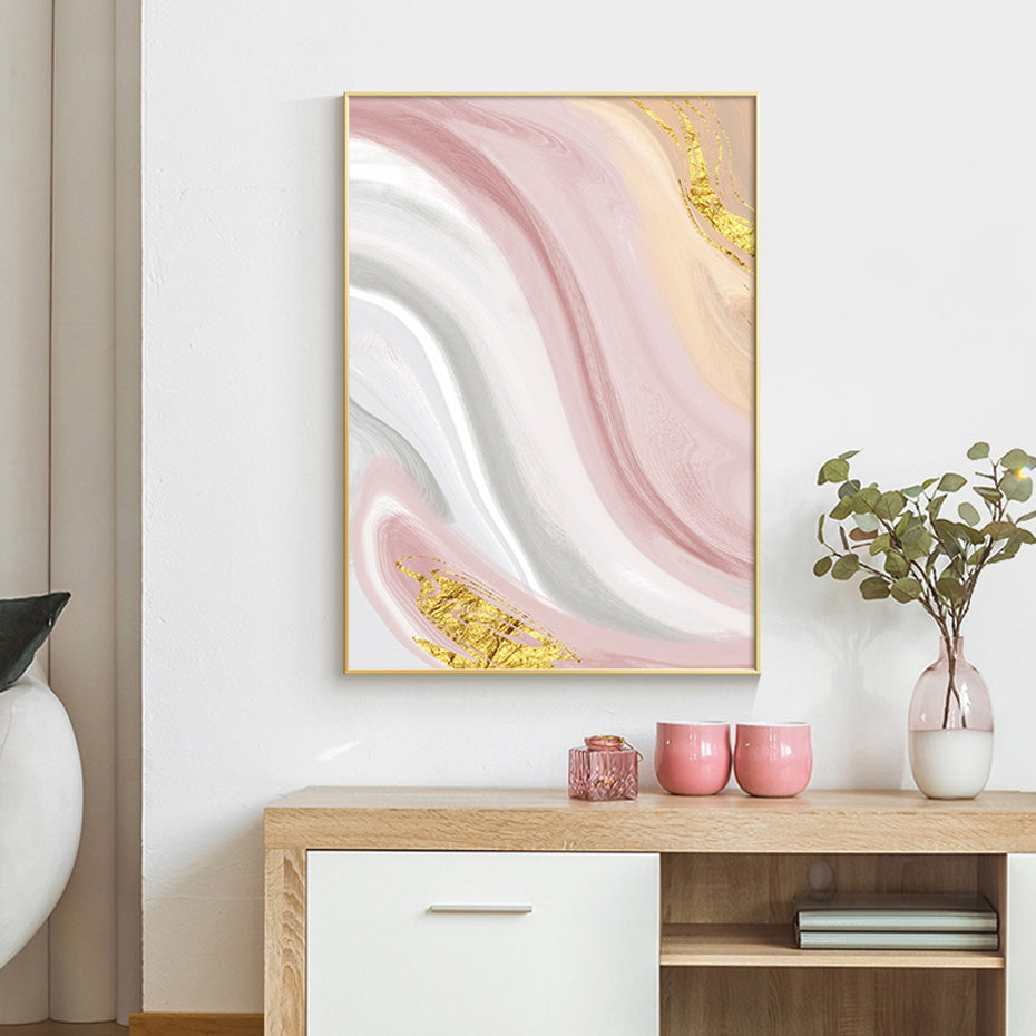 Abstract Gray Pink Golden Liquid Marble Print Wall Art Fine Art Canvas Prints Pictures For Bedroom Living Room Salon Wall Decor
