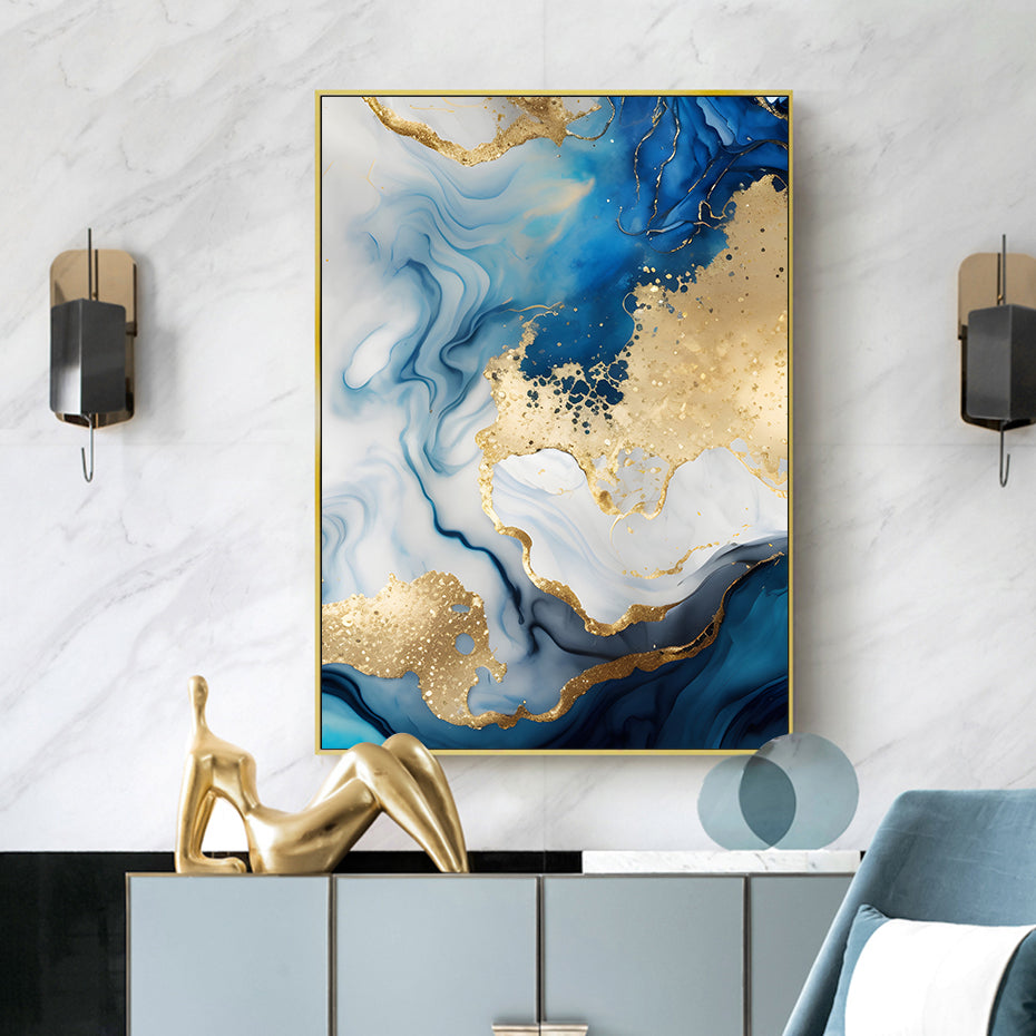 Abstract Liquid Blue Golden Marble Print Wall Art Fine Art Canvas Prints Pictures For Modern Living Room Bedroom Home Office