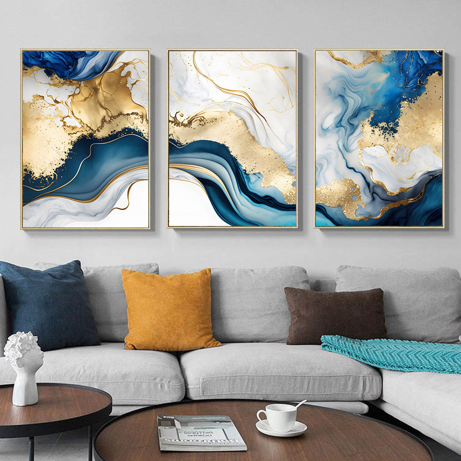 Abstract Liquid Blue Golden Marble Print Wall Art Fine Art Canvas Prints Pictures For Modern Living Room Bedroom Home Office