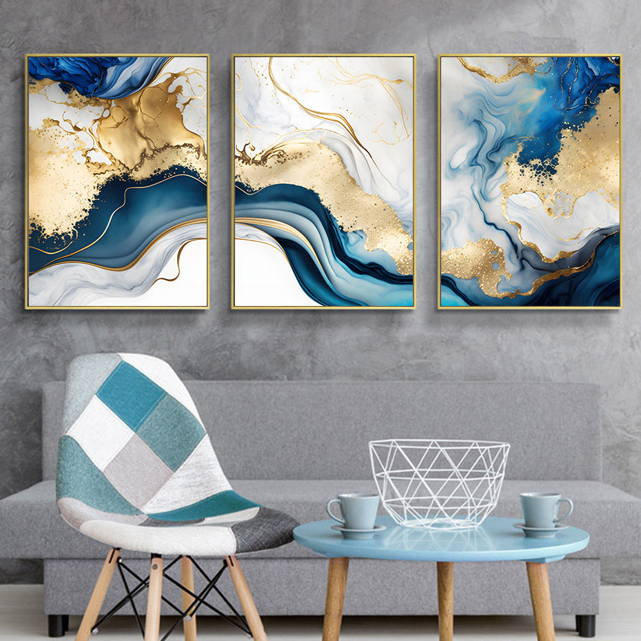 Abstract Liquid Blue Golden Marble Print Wall Art Fine Art Canvas Prints Pictures For Modern Living Room Bedroom Home Office