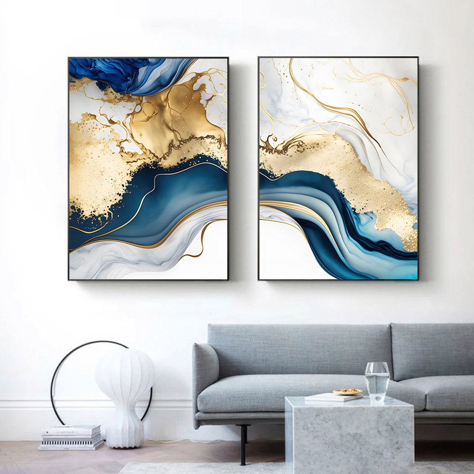 Abstract Liquid Blue Golden Marble Print Wall Art Fine Art Canvas Prints Pictures For Modern Living Room Bedroom Home Office