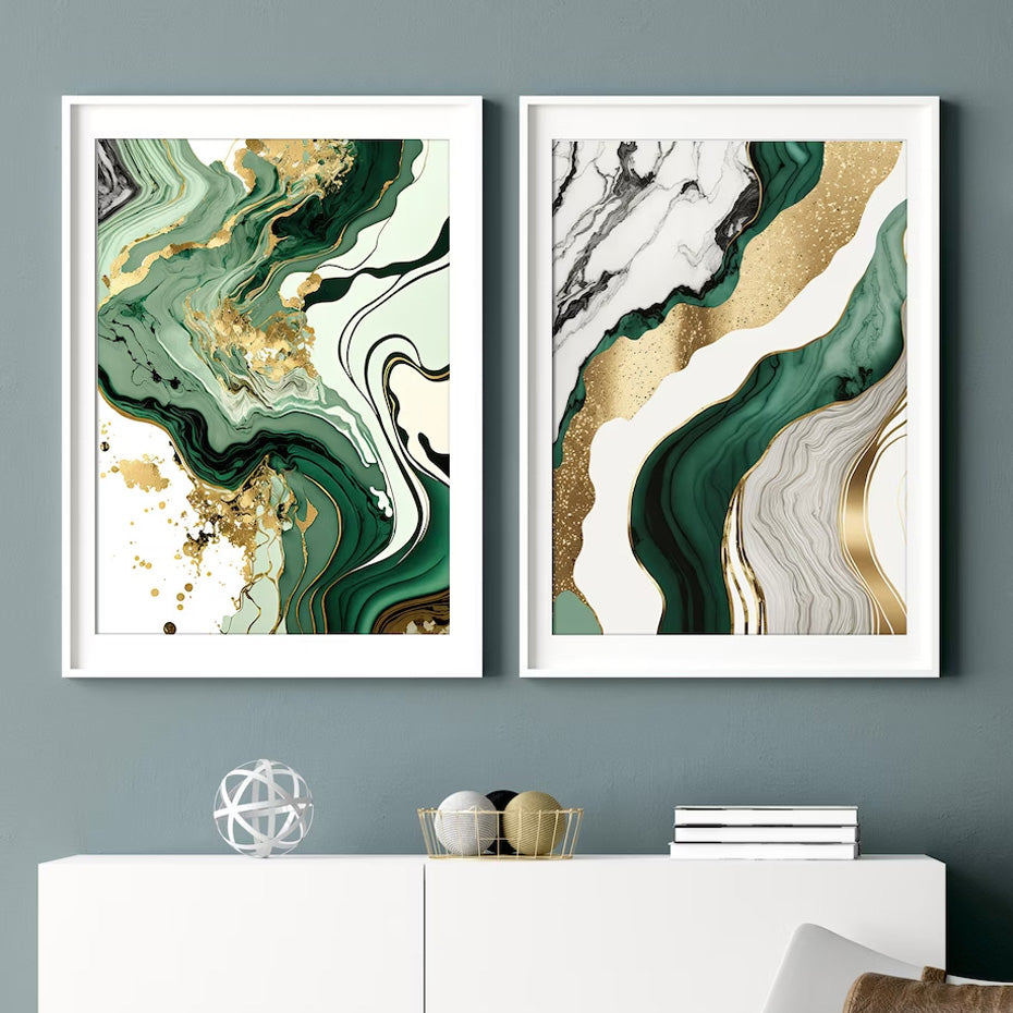 Abstract Liquid Golden Green Marble Print Wall Art Fine Art Canvas Prints Pictures For Luxury Living Room Dining Room Home Office Decor