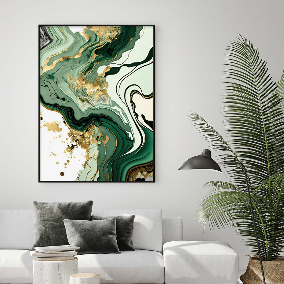 Abstract Liquid Golden Green Marble Print Wall Art Fine Art Canvas Prints Pictures For Luxury Living Room Dining Room Home Office Decor