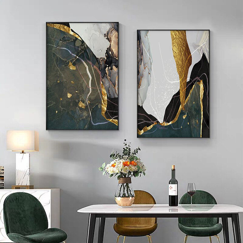 Abstract Liquid Marble Green Golden Gray Wall Art Fine Art Canvas Prints Modern Pictures For Luxury Living Room Dining Room Home Office Decor