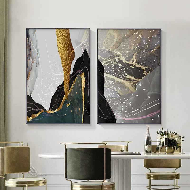 Abstract Liquid Marble Green Golden Gray Wall Art Fine Art Canvas Prints Modern Pictures For Luxury Living Room Dining Room Home Office Decor