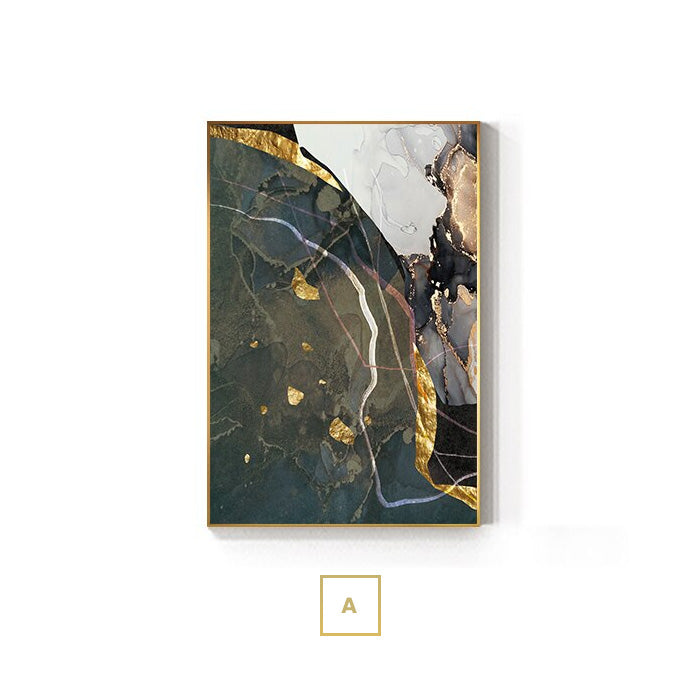 Abstract Liquid Marble Green Golden Gray Wall Art Fine Art Canvas Prints Modern Pictures For Luxury Living Room Dining Room Home Office Decor