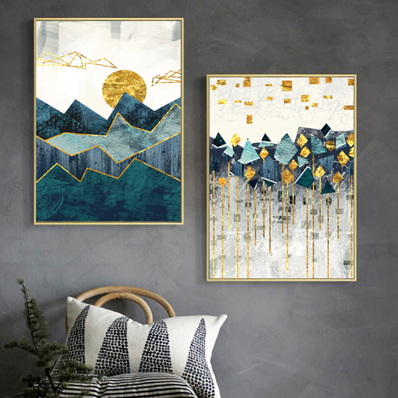 Abstract Mountain Landscape Blue Jade Green Golden Contemporary Wall Art Posters Fine Art Canvas Prints Nordic Pictures For Modern Home Decor.