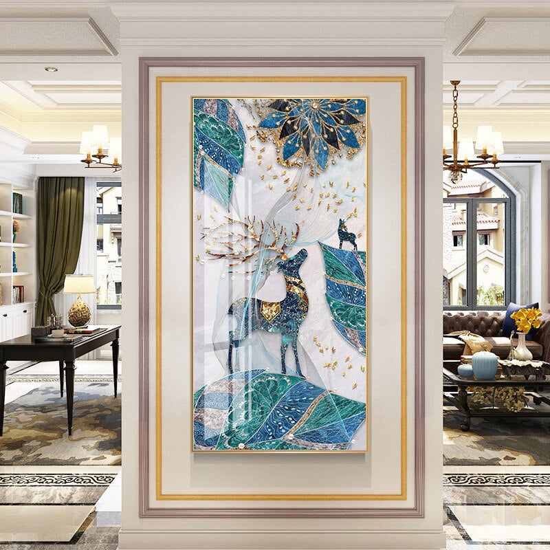 Abstract Auspicious Mystical Deer Landscape Wall Art Fine Art Canvas Prints Pictures For Luxury Living Room Dining Room Entrance Hallway Art Decoration