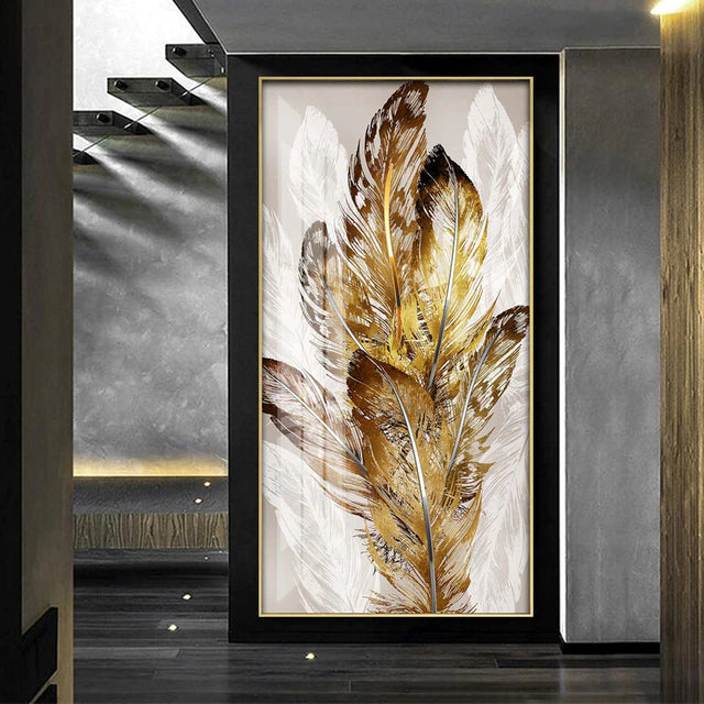 Modern Abstract Beige Golden Brown Feathers Wall Art Fine Art Canvas Prints Picture For Luxury Home Living Room Elegant Entrance Hallway Art Decor